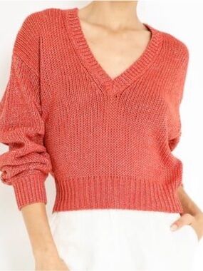 ULLA JOHNSON Tunis Coral Metallic Cotton V-Neck Balloon Sleeve Cropped Sweater S